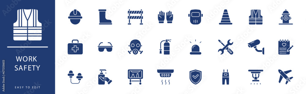 Work Safety icon collection. Containing Don'T Touch, Ear Plug, Ear Protection, Emergency Exit, Emergency, Experiment,  icons. Vector illustration & easy to edit.
