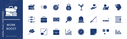 Work Boost icon collection. Containing Headache, Health, Health_1, Holidays, Money, Multitasking,  icons. Vector illustration & easy to edit.