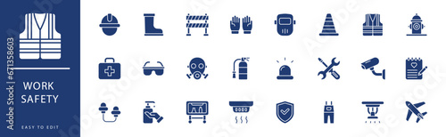 Work Safety icon collection. Containing Don'T Touch, Ear Plug, Ear Protection, Emergency Exit, Emergency, Experiment,  icons. Vector illustration & easy to edit.