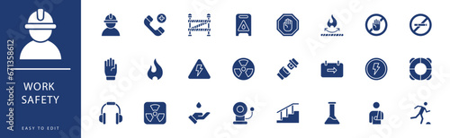 Work Safety icon collection. Containing Handrail, Head Protection, Health Check, High Voltage, Life Vest, Lifebuoy,  icons. Vector illustration & easy to edit.