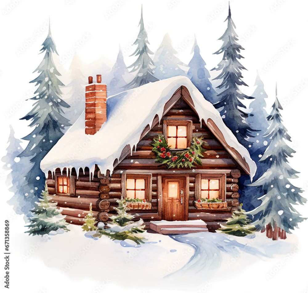 Watercolor Christmas forest cabin