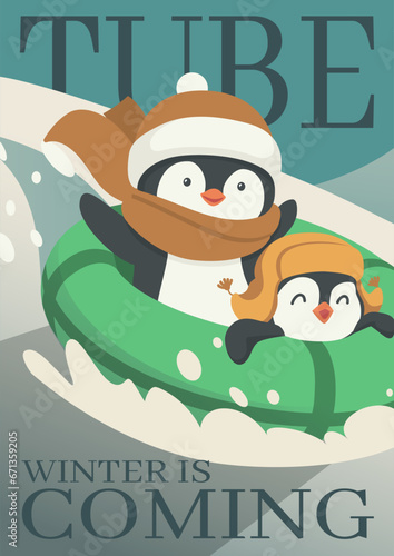 Winter activity vector illustration. Penguins go tubing down the mountain