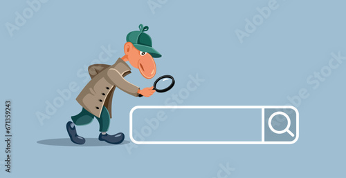 Detective with Magnifying Glass Looking at a Search Bar Vector Illustration. Funny inspector checking web browser history in order to solve a case 
