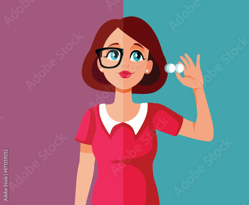 Woman Choosing Between Eyeglass and Contact Lenses Vector Character. Patient in need of vision correction comparing alternative solutions
