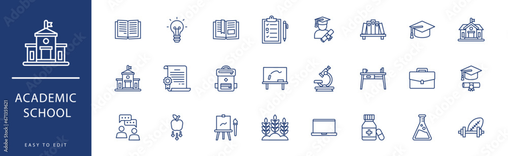 Academic school icon collection. Containing Bookshelf, Brain, Briefcase, Calendar, Cap, Chalkboard, icons. Vector illustration & easy to edit. Academic school icon collection. Containing Bookshelf, Brain, Briefcase, Calendar, Cap, Chalkboard, icons. Vector illustration & easy to edit.