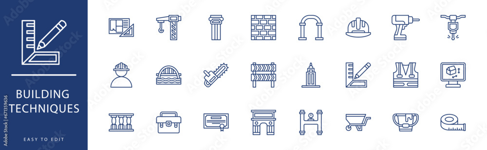 Building Techniques icon collection. Containing Balcony, Barrier, Blueprint, Brick Wall, Bridge, Building, icons. Vector illustration & easy to edit. Building Techniques icon collection. Containing Balcony, Barrier, Blueprint, Brick Wall, Bridge, Building, icons. Vector illustration & easy to edit.