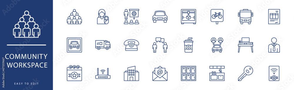 Community workspace icon collection. Containing Car Parking, Car Sharing, Car, Cigarette, Collaboration, Communications, icons. Vector illustration & easy to edit. Community workspace icon collection. Containing Car Parking, Car Sharing, Car, Cigarette, Collaboration, Communications, icons. Vector illustration & easy to edit.