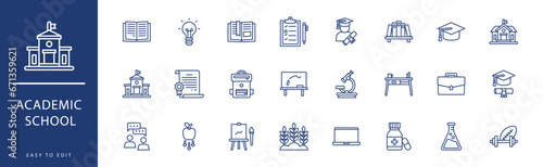 Academic school icon collection. Containing Bookshelf, Brain, Briefcase, Calendar, Cap, Chalkboard,  icons. Vector illustration & easy to edit.