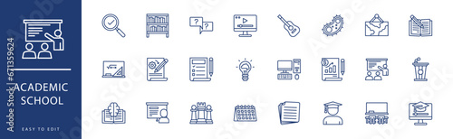 Academic school icon collection. Containing Graduation, Idea, Knowledge, Laptop, Library, Light Bulb,  icons. Vector illustration & easy to edit. photo
