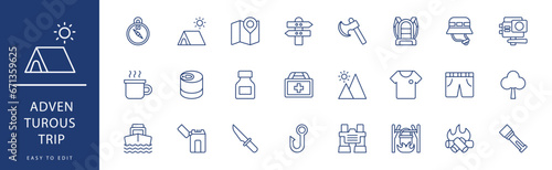Adventurous Trip icon collection. Containing Boots, Camera, Camping Gas, Canoeing, Canteen, Carabiner,  icons. Vector illustration & easy to edit.