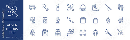 Adventurous Trip icon collection. Containing Hooks, Insect, Jerrycan, Kayak, Knife, Life Vest,  icons. Vector illustration & easy to edit. photo