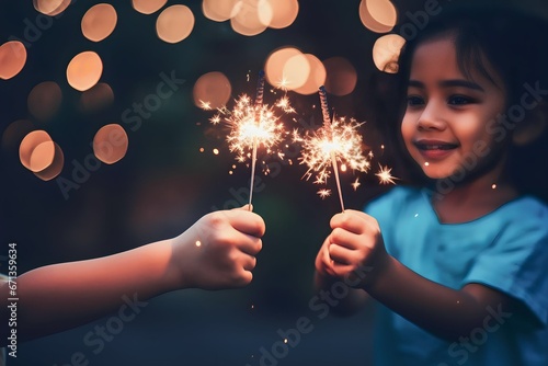 children holding sparkling sparklers in her hands at dark night, with bokeh lights