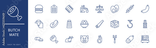 ButchMate icon collection. Containing Fried Chicken, Ham, Hand Gloves, Hook, Hot Dog, Knife,  icons. Vector illustration & easy to edit.
