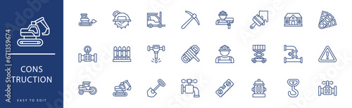 construction icon collection. Containing Forklift, Hammer, Hand Saw, Helmet, Hook, House,  icons. Vector illustration & easy to edit.