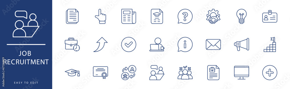 Job recruitment icon collection. Containing Information, Interview, Job, Justice, Key, Language, icons. Vector illustration & easy to edit. Job recruitment icon collection. Containing Information, Interview, Job, Justice, Key, Language, icons. Vector illustration & easy to edit.