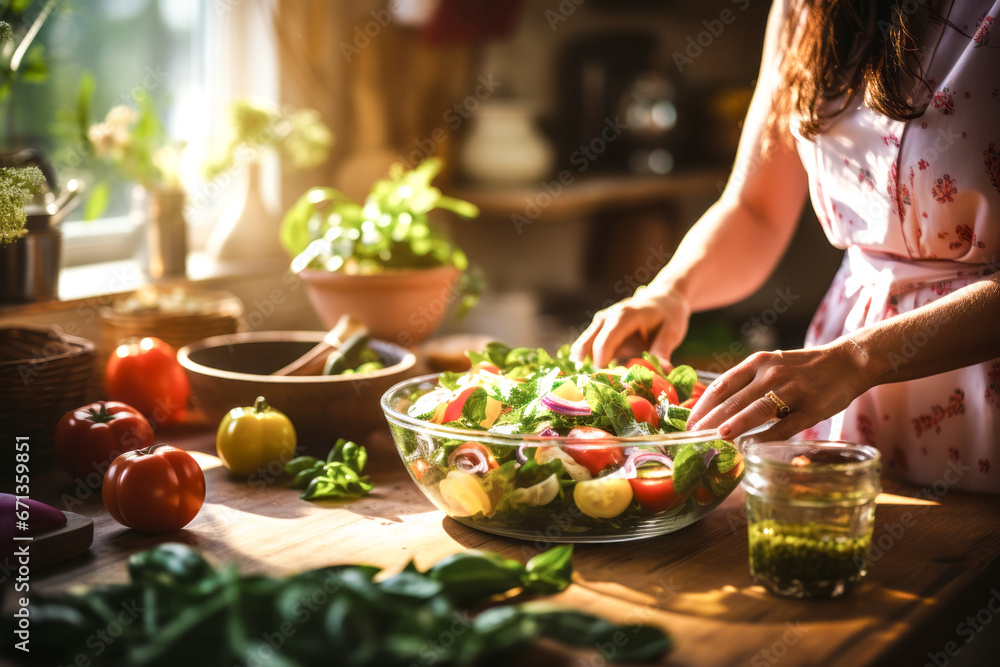 Close up of Hand of woman preparing healthy salad. Generative AI
