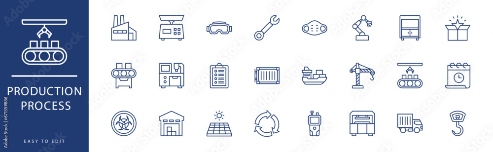 Production Process icon collection. Containing Compressor, Container, Conveyor Belt, Crane, Danger, Delivery Truck,  icons. Vector illustration & easy to edit.