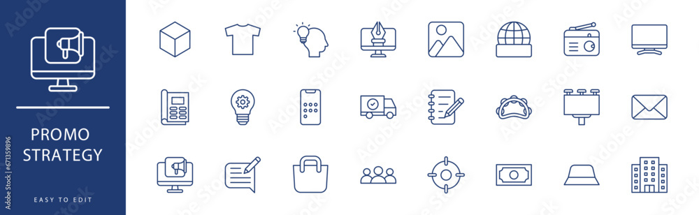 Promo Strategy icon collection. Containing Calendar, Call Center, Campaign, Catalog, Concept, Content,  icons. Vector illustration & easy to edit.