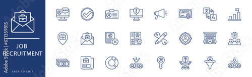 Job recruitment icon collection. Containing Hired, Id Card, Increase, Information, Interview, Job,  icons. Vector illustration & easy to edit.