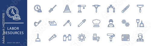 Labor Resources icon collection. Containing Medicine, Miner, Nails, Nurse, Nut, Office,  icons. Vector illustration & easy to edit.