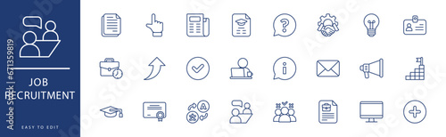 Job recruitment icon collection. Containing Information, Interview, Job, Justice, Key, Language,  icons. Vector illustration & easy to edit.