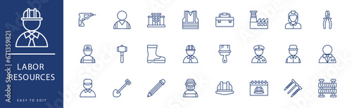 Labor Resources icon collection. Containing Chainsaw, Chef, Crane, Cutter, Delivery Man, Driller,  icons. Vector illustration & easy to edit.