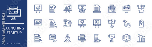 Launching Startup icon collection. Containing Calculator, Calendar, Cash, Chat, Clock, Coding,  icons. Vector illustration & easy to edit.