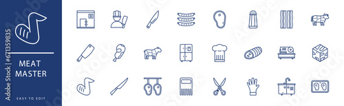 Meat Master icon collection. Containing Butcher, Butchery, Chef Hat, Chicken Breast, Chicken Wings, Chicken,  icons. Vector illustration & easy to edit. photo