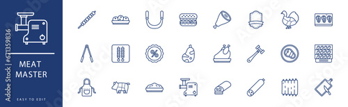 Meat Master icon collection. Containing Ham, Hook, Knives, Label, Lamb, Meat Claw,  icons. Vector illustration & easy to edit.