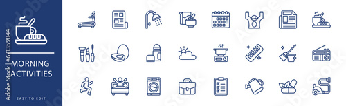 morning activities icon collection. Containing Calendar, Cereal, Cleaning, Clothes, Coffee Maker, Coffee,  icons. Vector illustration & easy to edit.