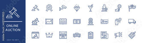 online auction icon collection. Containing Card Payment, Carnival Mask, Cctv, Certificate, Charity, Cheque,  icons. Vector illustration & easy to edit.