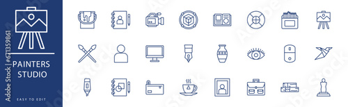 Painters studio icon collection. Containing Canvas, Chisel, Coffee, Color Palette, Colored Pencils, Column,  icons. Vector illustration & easy to edit.