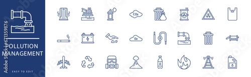 Pollution management icon collection. Containing Global Warming, Greenhouse, Leak, Light Bulb, Litter, Mine,  icons. Vector illustration & easy to edit.