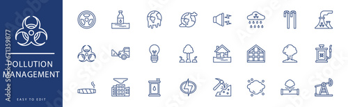 Pollution management icon collection. Containing Cable, Car Battery, Car, Chimneys, Cigarette, City,  icons. Vector illustration & easy to edit.