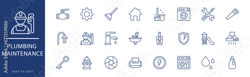 Plumbing Maintenance icon collection. Containing Keys, Manometer, Pipeline, Plumber, Plunger, Pressure,  icons. Vector illustration & easy to edit.