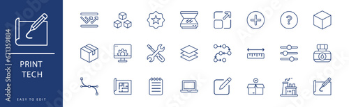 Print Tech icon collection. Containing Layers, Manual Book, Measure, Mini Grinder, Multiple, Operator,  icons. Vector illustration & easy to edit.