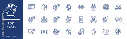 Pod Casts icon collection. Containing Cloud, Comedy, Computer, Connection, Conversation, Download,  icons. Vector illustration & easy to edit.