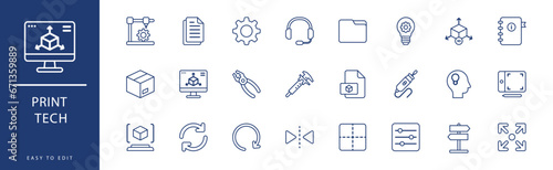 Print Tech icon collection. Containing Add, Blueprint, Box, Concept, Cube, Directional,  icons. Vector illustration & easy to edit. photo