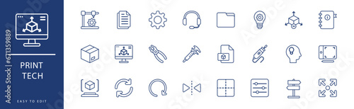 Print Tech icon collection. Containing Add, Blueprint, Box, Concept, Cube, Directional,  icons. Vector illustration & easy to edit.