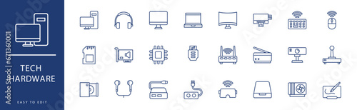 Tech Hardware icon collection. Containing Headphone, Joystick, Laptop, Modem, Monitor, Mouse,  icons. Vector illustration & easy to edit. photo