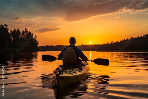 rear view of man kayaking on lake at sunset