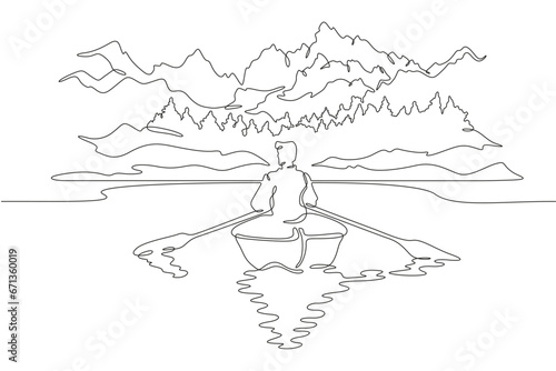 A man in a boat with oars floats on a mountain lake. Boat trip. . Beautiful mountain landscape. High mountain peak. One continuous line drawing. Linear. Hand drawn, white background.