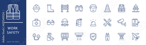 Work Safety icon collection. Containing Don'T Touch, Ear Plug, Ear Protection, Emergency Exit, Emergency, Experiment,  icons. Vector illustration & easy to edit.