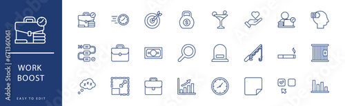 Work Boost icon collection. Containing Headache, Health, Healths, Holidays, Money, Multitasking,  icons. Vector illustration & easy to edit.