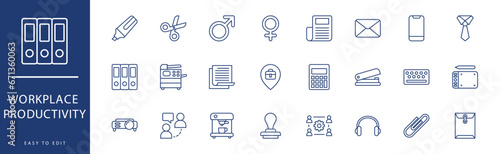 Workplace productivity icon collection. Containing Location, Male, Management, Mouse, Newspaper, Notebook,  icons. Vector illustration & easy to edit.