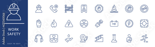 Work Safety icon collection. Containing Handrail, Head Protection, Health Check, High Voltage, Life Vest, Lifebuoy,  icons. Vector illustration & easy to edit.