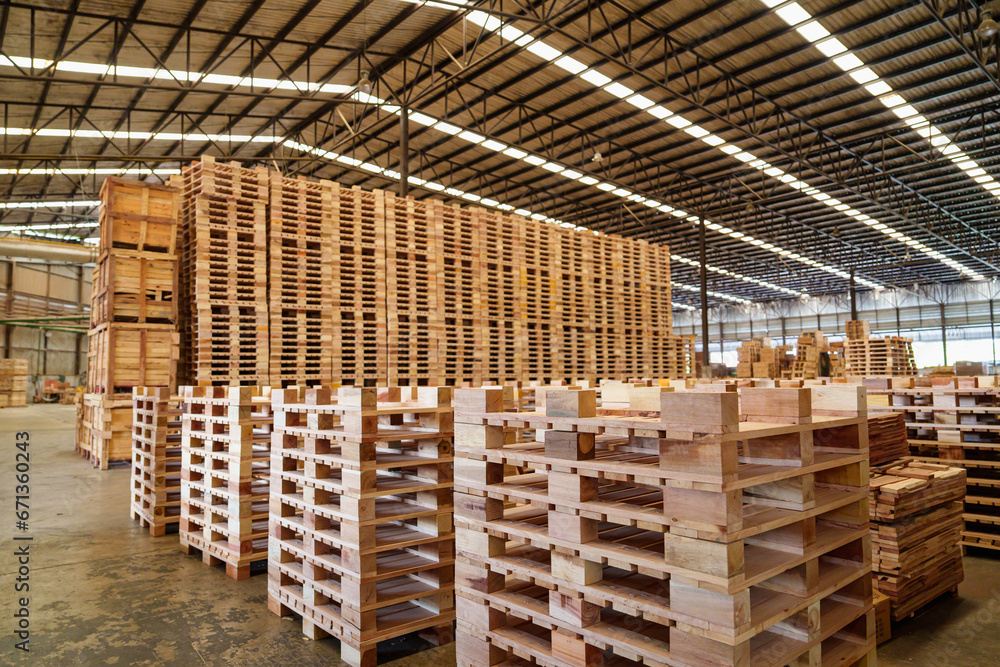 Stock of wooden pallets or wood trays for manufacturing factory cargo loading and transportation in industry, Freight delivery,