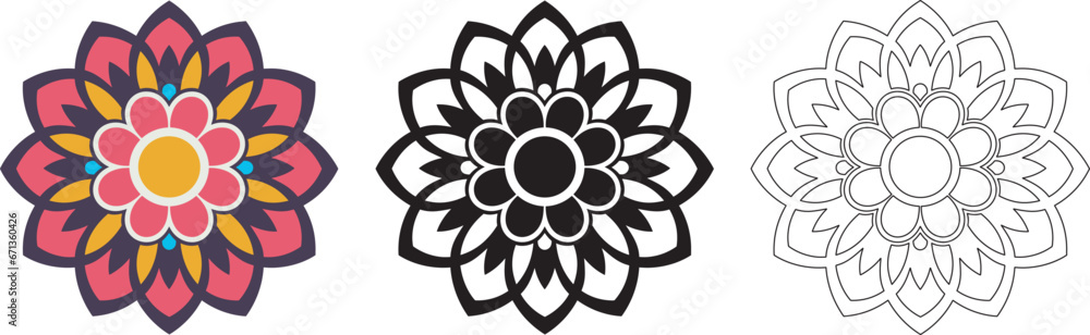 Mandala Pattern Designs in three different styles, floral mandal indian style black and white, colored and outlined vector illustration on white background, hand drawn indian traditional and cultural Mandala Pattern Designs in three different styles, floral mandal indian style black and white, colored and outlined vector illustration on white background, hand drawn indian traditional and cultural