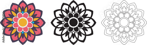 Mandala Pattern Designs in three different styles, floral mandal indian style black and white, colored and outlined vector illustration on white background, hand drawn indian traditional and cultural
