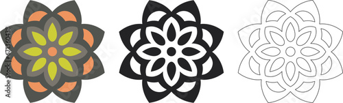 Mandala Pattern Designs in three different styles, floral mandal indian style black and white, colored and outlined vector illustration on white background, hand drawn indian traditional and cultural